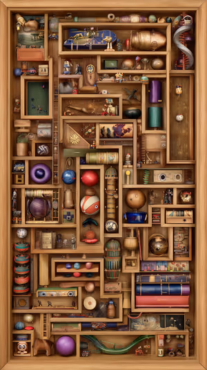 Diorama curiosity cabinet maze centered on warm brown wood background with miniature figurines and colorful spheres ultra hd wallpaper.