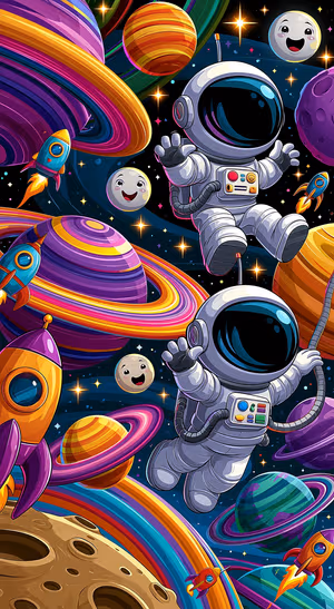 Cute cartoon astronauts and planets floating on a colorful black space background in a playful aesthetic.