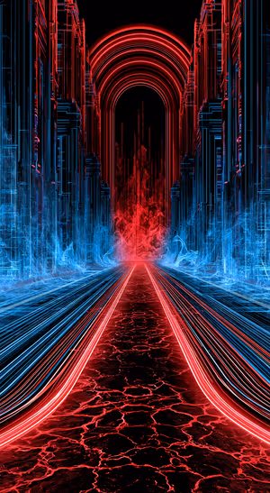 Cyberpunk city in neon line art style with red and blue tones on a dark background.