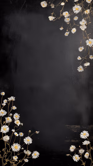 Minimalist daisy clusters on a textured black background with gold accented stems ultra HD 8K phone background.