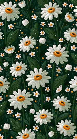 Illustrative daisy pattern centered on a deep green background with white petals and gold centers, ultra HD 8K background.