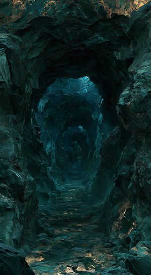 Dark fantasy cavern centered on a deep teal background in a dark fantasy aesthetic.