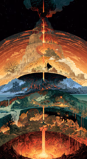Epic fantasy world in layered style with fiery red, gold, teal, and black tones.