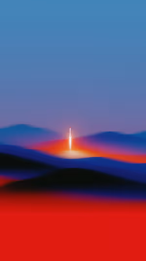 Minimalist rocket launch centered on a red and blue gradient background in a glowing aesthetic ultra HD.