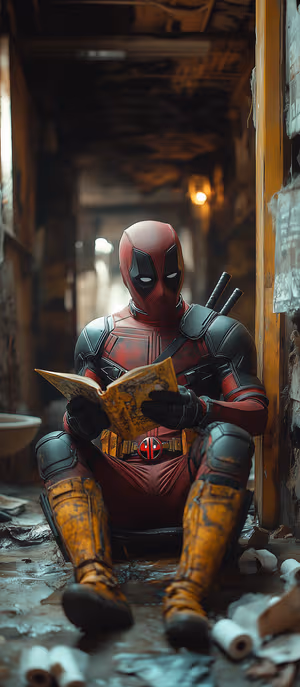 Comic style Deadpool seated on a toilet against a red black grungy background ultra HD 8K phone image.