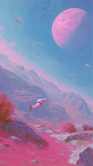 Surreal futuristic astronaut centered on a pink alien landscape with a glowing purple moon ultra HD 8K background.