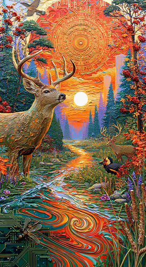 Surreal deer landscape with red, orange, and teal circuit art details in an ornate digital painting aesthetic.