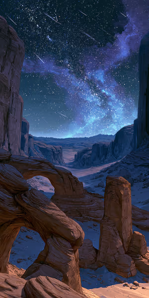 Cinematic desert arch centered on a blue purple night sky in a detailed digital painting aesthetic