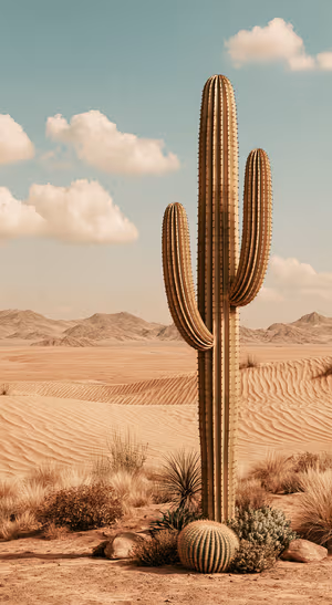 Vintage saguaro cactus centered on a tan desert background in a warm vintage aesthetic