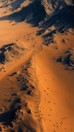 Aerial desert dunes on warm orange sand with a single sunlit trail of tracks in cinematic aerial aesthetic ultra HD 8K