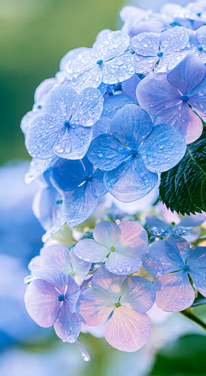 Dewy hydrangea flowers in blue and lilac tones on a soft green background