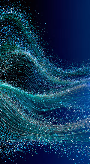 Abstract digital wave flowing across a deep blue background with teal particles in a luminous line aesthetic.