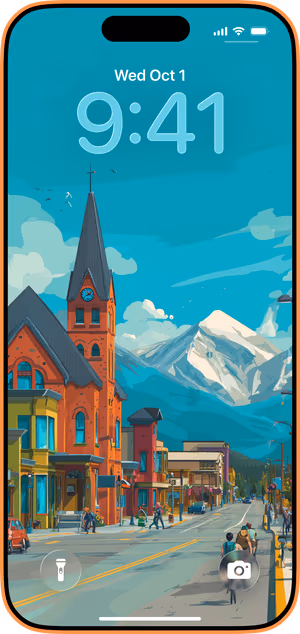 Wallpaper preview on iPhone 17 Pro Max running iOS 26 - Mountain Town Street