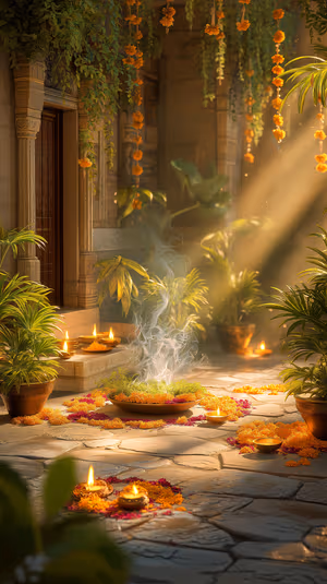 Festive Diwali courtyard with marigold garlands, glowing diyas and rangoli on a golden sunlit background ultra HD.