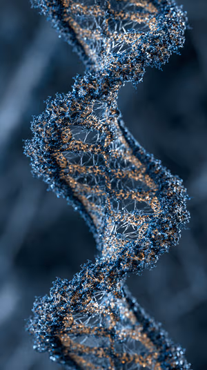 3D abstract DNA helix centered on a blue gray and gold background with textured macro detail, ultra HD image