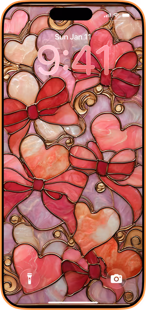 Wallpaper preview on iPhone 17 Pro Max running iOS 26 - Pink Hearts Stained Glass
