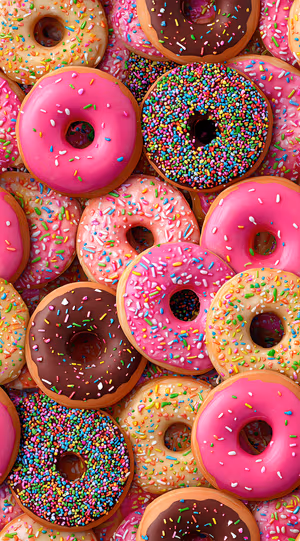 Close up vibrant food photo of glazed donuts with pink icing and rainbow sprinkles ultra hd 8K background.