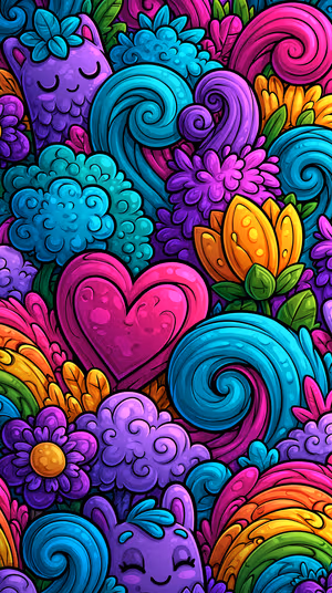 Kawaii doodle hearts and flowers centered on a vibrant rainbow background in a playful cartoon aesthetic, ultra hd 8K image