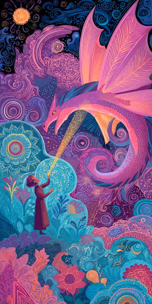 Surreal pink purple dragon with gold sparkles and silhouette on a teal floral mandala background ultra HD 8K image.