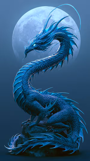 Luminous digital fantasy dragon coiled before a full moon in deep blue tones ultra hd mobile background.