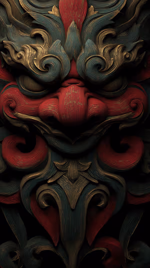 Ornate baroque dragon mask centered on a deep red and gold background, ultra HD 8K vertical composition.