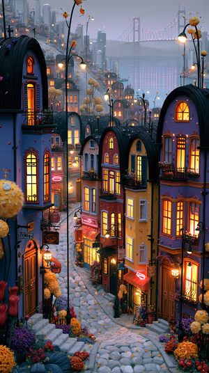 Storybook cobblestone village scene with lantern lit windows on purple gold tones, ultra hd 8K background for iPhone