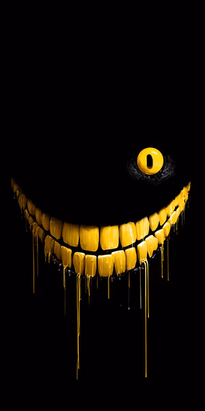 Eerie dripping grin with a glowing catlike yellow eye centered on a black background in a horror aesthetic, ultra HD image.