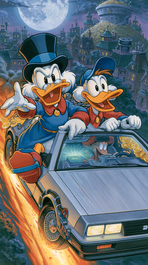 Illustrative cartoon duck heist with flying car and coin pile on a moonlit blue and gold background, ultra hd.