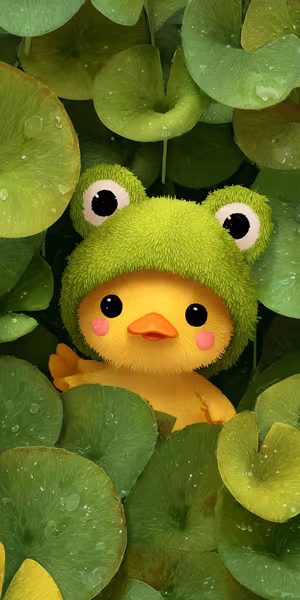 Cute illustration duckling centered on lush green lily pad background, wearing a fuzzy frog hat ultra HD 8K image.