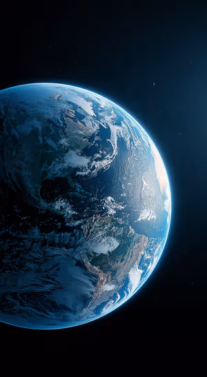 Realistic Earth in deep blue space with bright atmospheric rim and detailed continents in a cinematic aesthetic