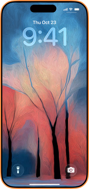 Wallpaper preview on iPhone 17 Pro Max running iOS 26 - Coral Sunrise Forest