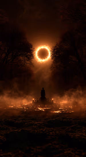 Dark fantasy eclipse centered on a fiery orange horizon in a gothic night aesthetic.