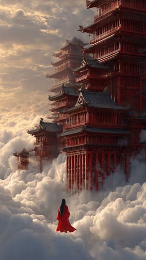 Cinematic pagoda temple on red gold clouds with a lone figure in red, ultra HD 8K background.
