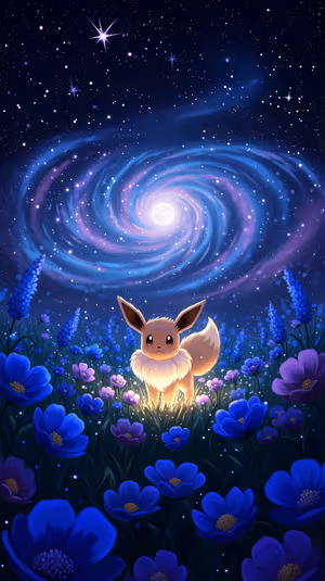 Cute cosmic Eevee centered on a moonlit blue meadow with glowing fur and a swirling galaxy ultra hd iPhone background.