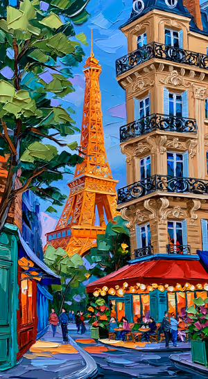 Impressionist Eiffel Tower centered on a blue background in colorful oil painting aesthetic.