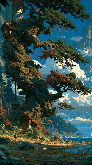 Painterly fantasy elder tree with cliffside cottages on a teal coastal sky with autumn orange accents ultra HD background