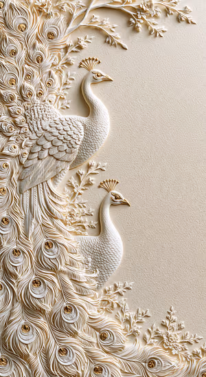 Embossed peacocks and feathers arranged on an ivory background in a refined relief aesthetic.