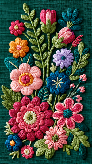 Hand stitched embroidered floral bouquet centered on deep green fabric background in textile art aesthetic, ultra hd image.