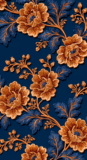 Embroidered floral pattern in copper and blue thread across a navy background in a richly textured aesthetic.