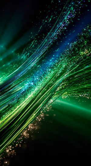 Abstract light streaks in emerald green and teal on a dark background with a neon aesthetic.