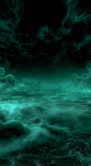 Dark cinematic ocean scene with emerald mist, glowing waves, and storm clouds