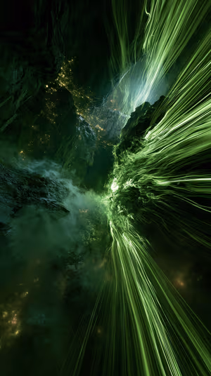 Abstract energy Emerald Rift with neon light streaks on a deep green background, ultra HD 8K background