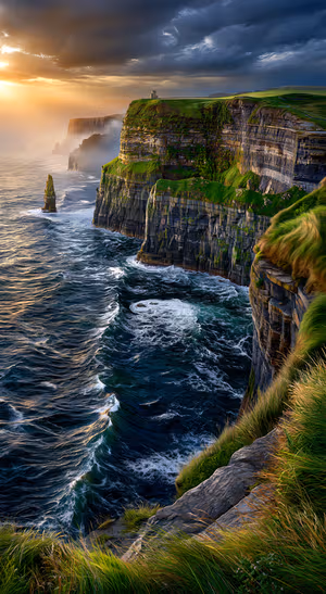 Dramatic sea cliffs above a deep blue ocean with green grass and sunset light.