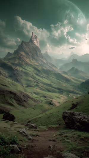 Cinematic teal green alien peaks landscape with towering spire, distant planet and flying ships, ultra hd 8K background