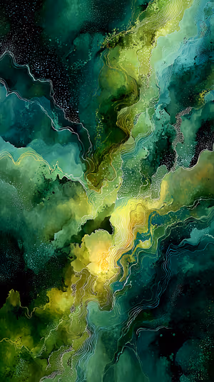 Fluid abstract emerald and lime swirls with gold contour lines on a green yellow background ultra HD 8K image.