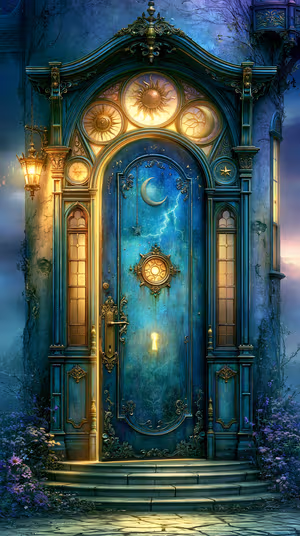 Ornate fantasy door centered on a teal and gold background in a mystical baroque aesthetic, ultra HD 8K image