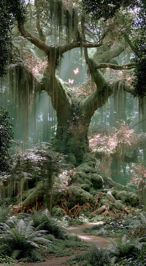 Ethereal enchanted forest tree centered on a mossy green background in a fantasy aesthetic.
