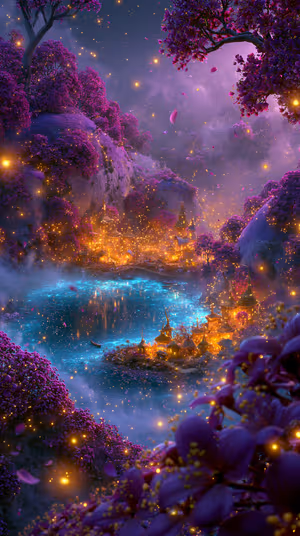 Fantasy enchanted lake village centered on a purple magenta background in a luminous, dreamy illustration ultra HD wallpaper