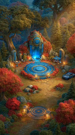Fantasy illustration of an enchanted portal clearing in teal and autumn red tones with detailed magical accents and lush foliage.