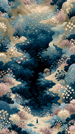 Hand painted enchanted river scene centered on teal and pastel tones in a dreamy illustrative aesthetic ultra HD background.